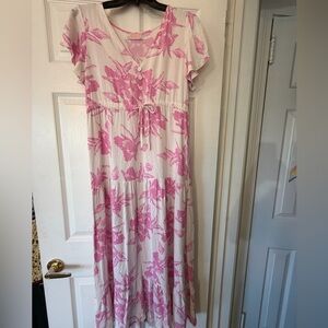 C+D+M Pink Floral Tiered Maxi Dress tropical size L flutter sleeves